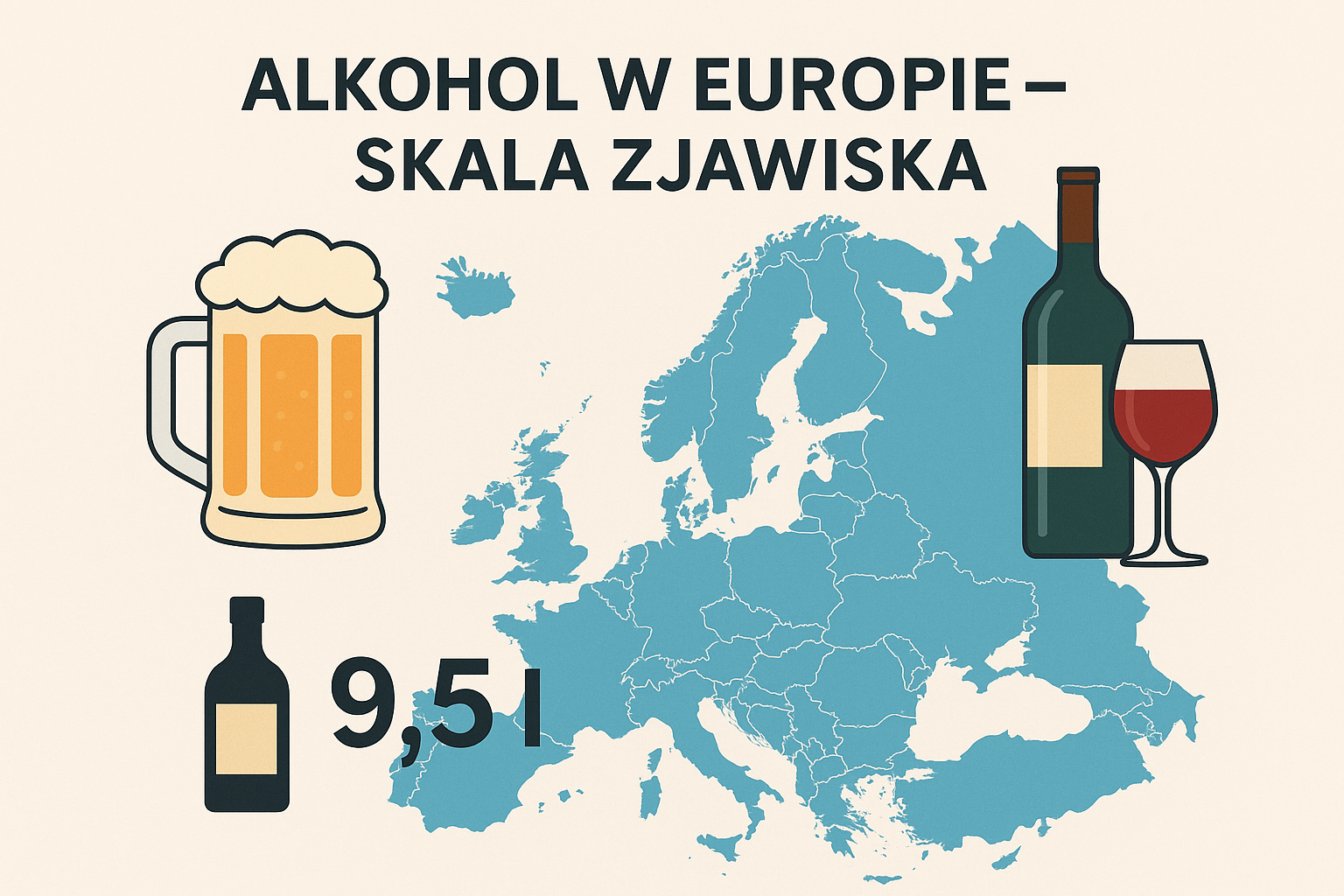 Mapa przedstawiająca skale spożycia alkoholu w Europie wraz z informacją o średniej - 9,5l