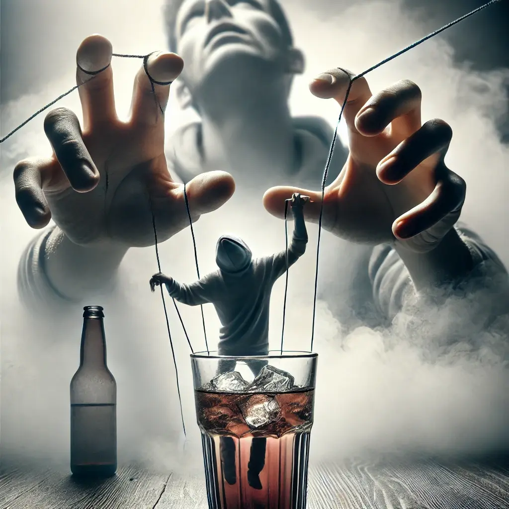 człowiek topiący się w szklance alkoholu pociągany przez sznurki przezuzależnienie - metafora