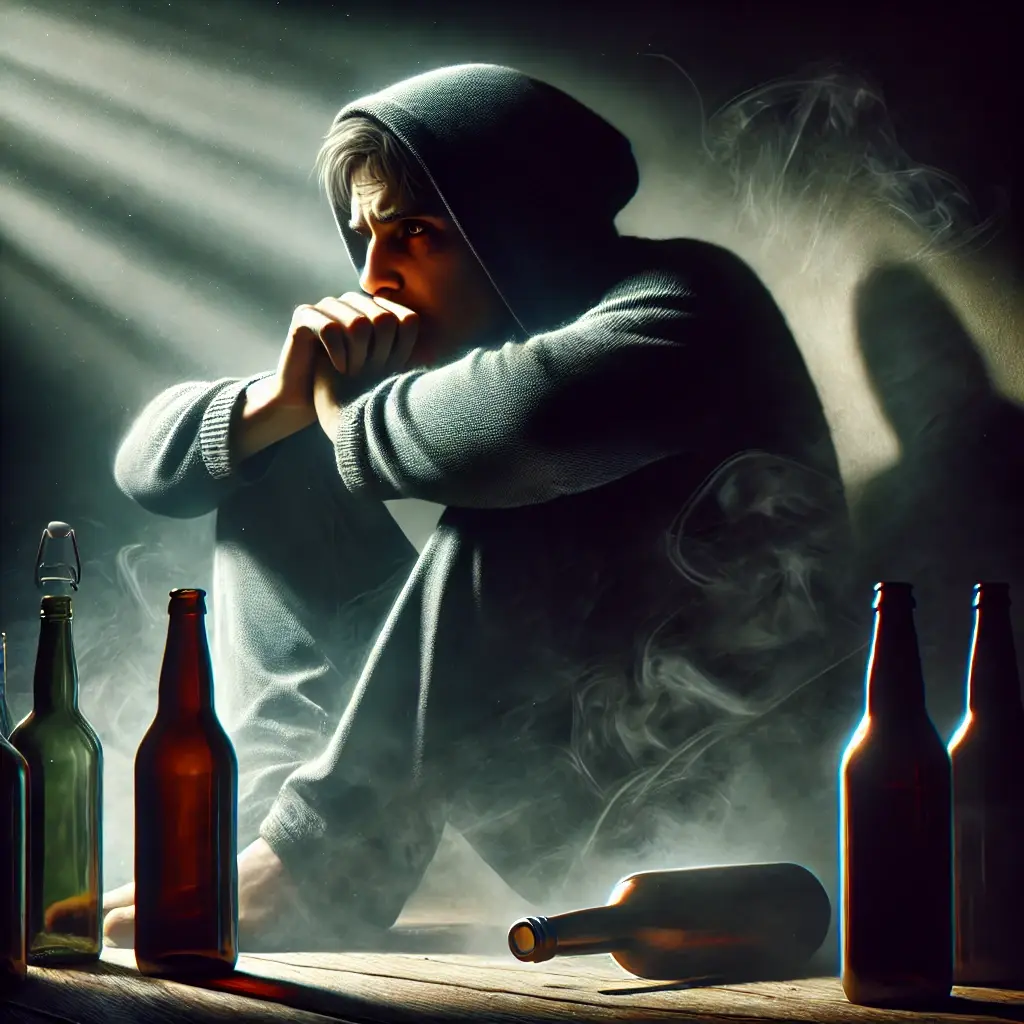człowiek w smutku w uzależnieniu wokół butelki