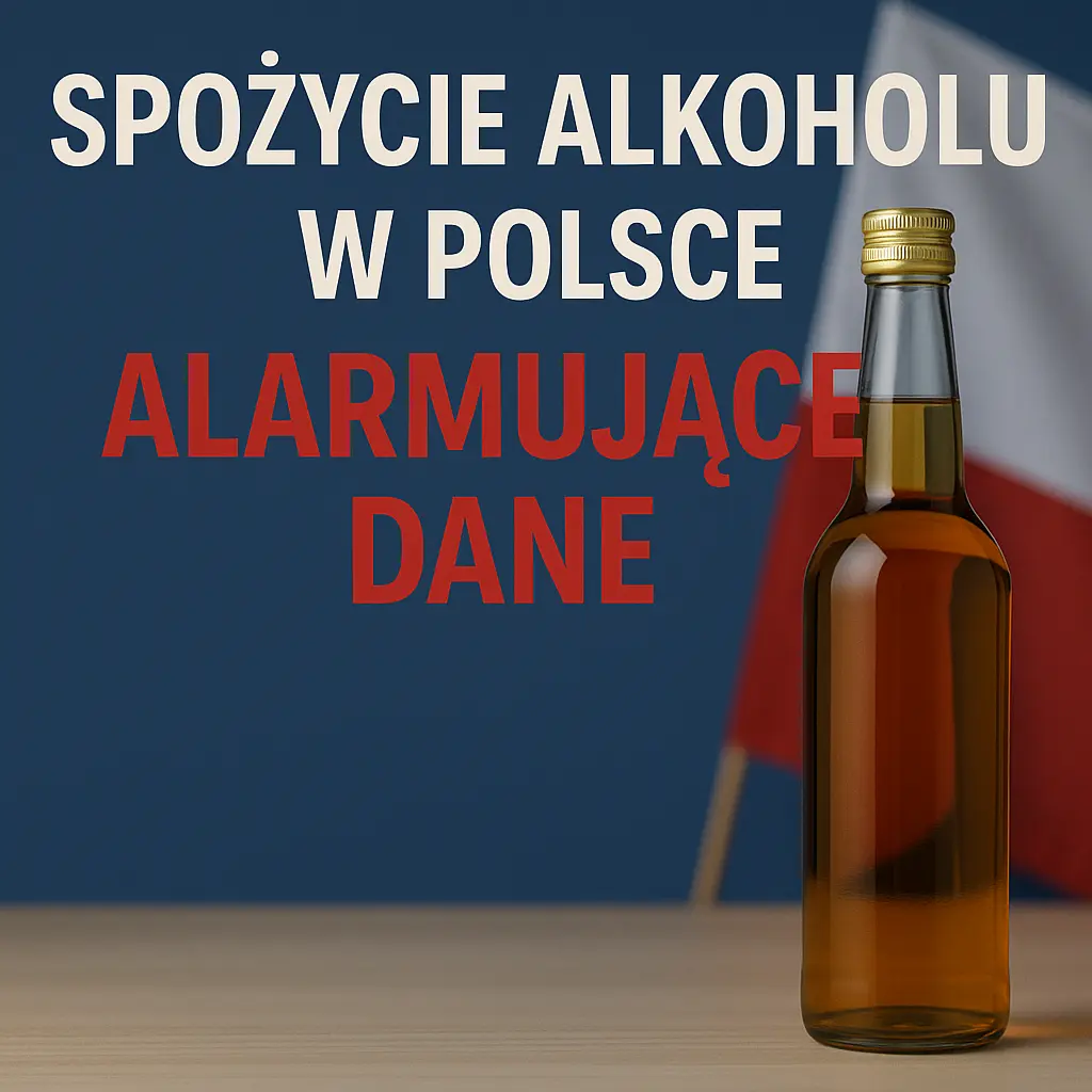 obrazek przedstawiający napis "spożycie alkoholu w polsce alarmujące dane" oraz flagę polski i butelkę alkoholu