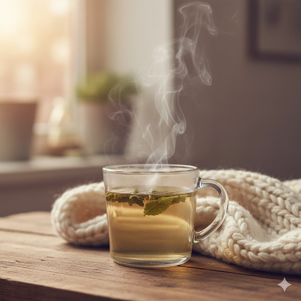 Bliska fotografia szklanki z delikatnie parującą ziołową herbatą (np. rumiankową lub miętową) postawioną na drewnianym blacie obok miękkiego, wełnianego pledu. Światło jest ciepłe i rozproszone. Dymek unosi się delikatnie.