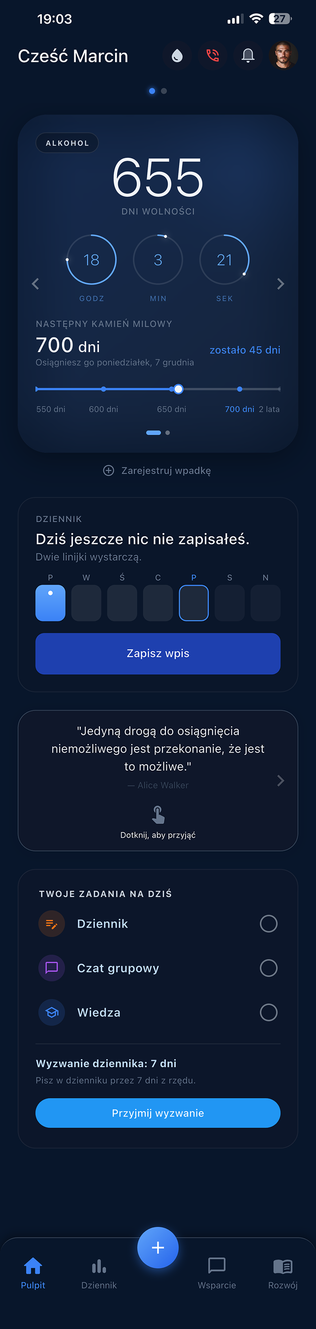 Ekran główny aplikacji Restart z licznikiem trzeźwości