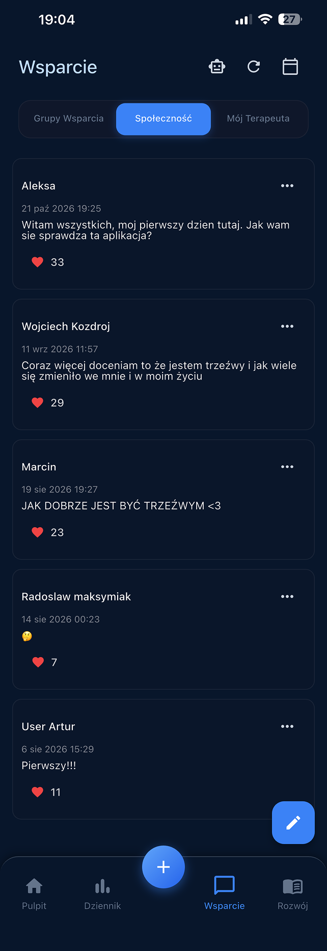 Społeczność i terapeuci w aplikacji Restart